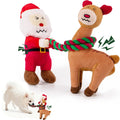 Christmas Dog Toys - 2 Pack Squeaky Stuffed Toys for Large Medium Small Dogs with Detachable Rope, Crinkle to Keep Them Busy - Santa Claus & Reindeer