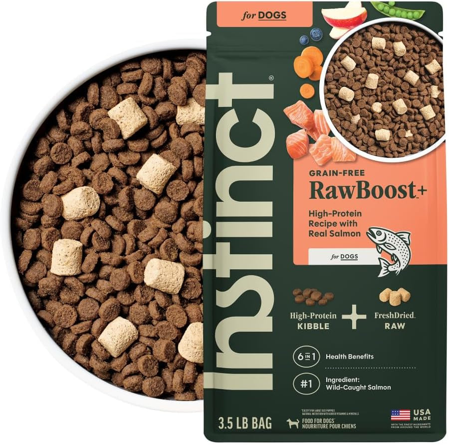 Instinct RawBoost Salmon Dog Food – 3.5 lb — packaging and food