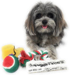 Christmas Dog Stocking Toys. Pack Assorted with Squeaker inside of Newspaper Toy, Squeaky Boot, a Red, Green & White Tennis Ball & Red White & Green Knotted Rope Xmas Toy. Small Medium Large Breeds