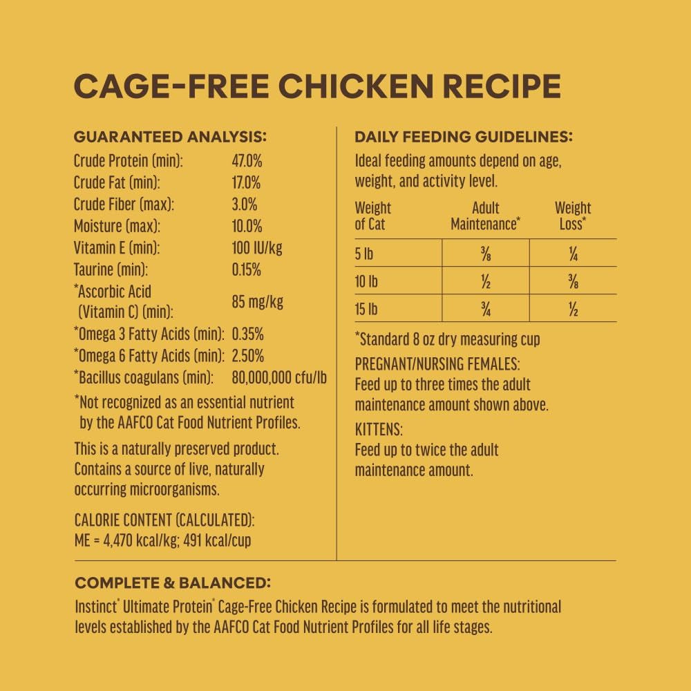 Instinct Ultimate Protein Chicken Dry Cat Food – 10 lb — manufacturer feeding guide and nutrition panel