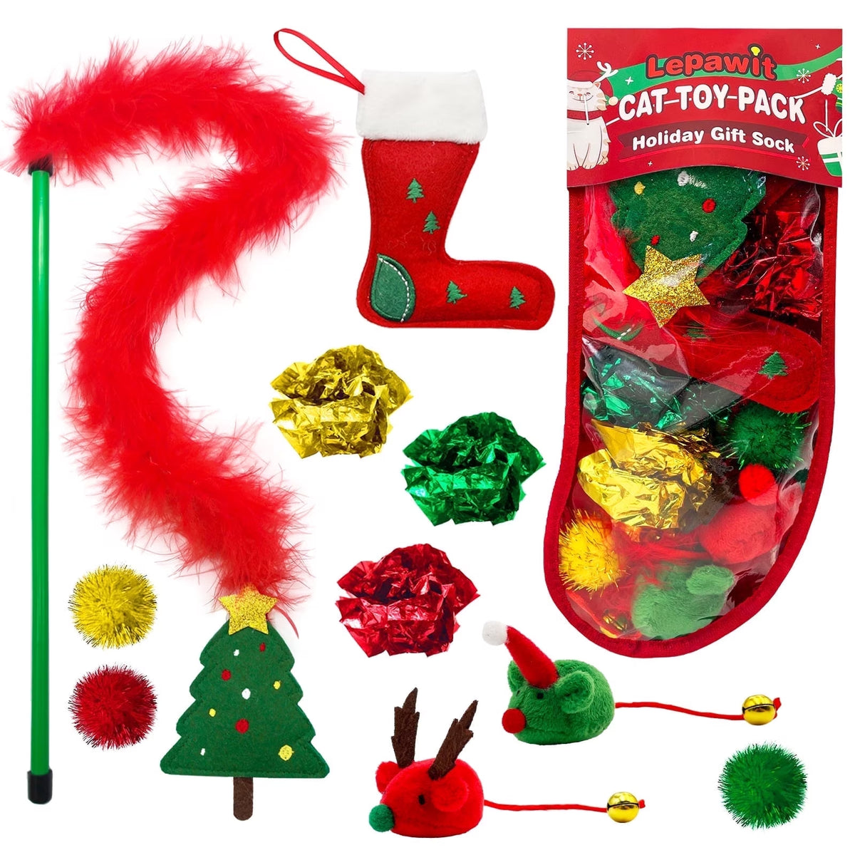 Christmas Cat Toy Stocking — 10-Piece Gift Set