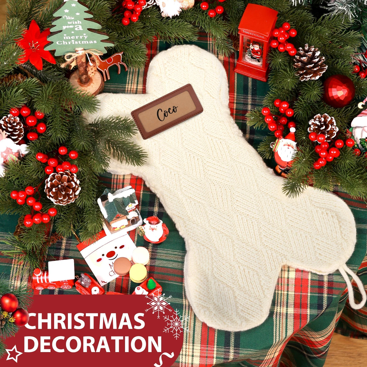 18 Inch Dog Christmas Stocking, Knit White Christmas Stocking for Dogs, Diamond Shape Dog Stocking Christmas Large Pet Stockings Hanging Dog Christmas Stocking