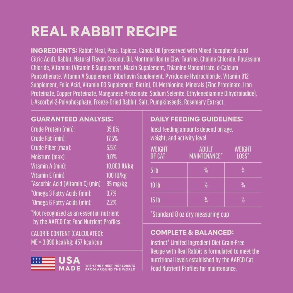 Instinct Limited Ingredient Rabbit Dry Cat Food – 10 lb — manufacturer feeding guide and nutrition panel