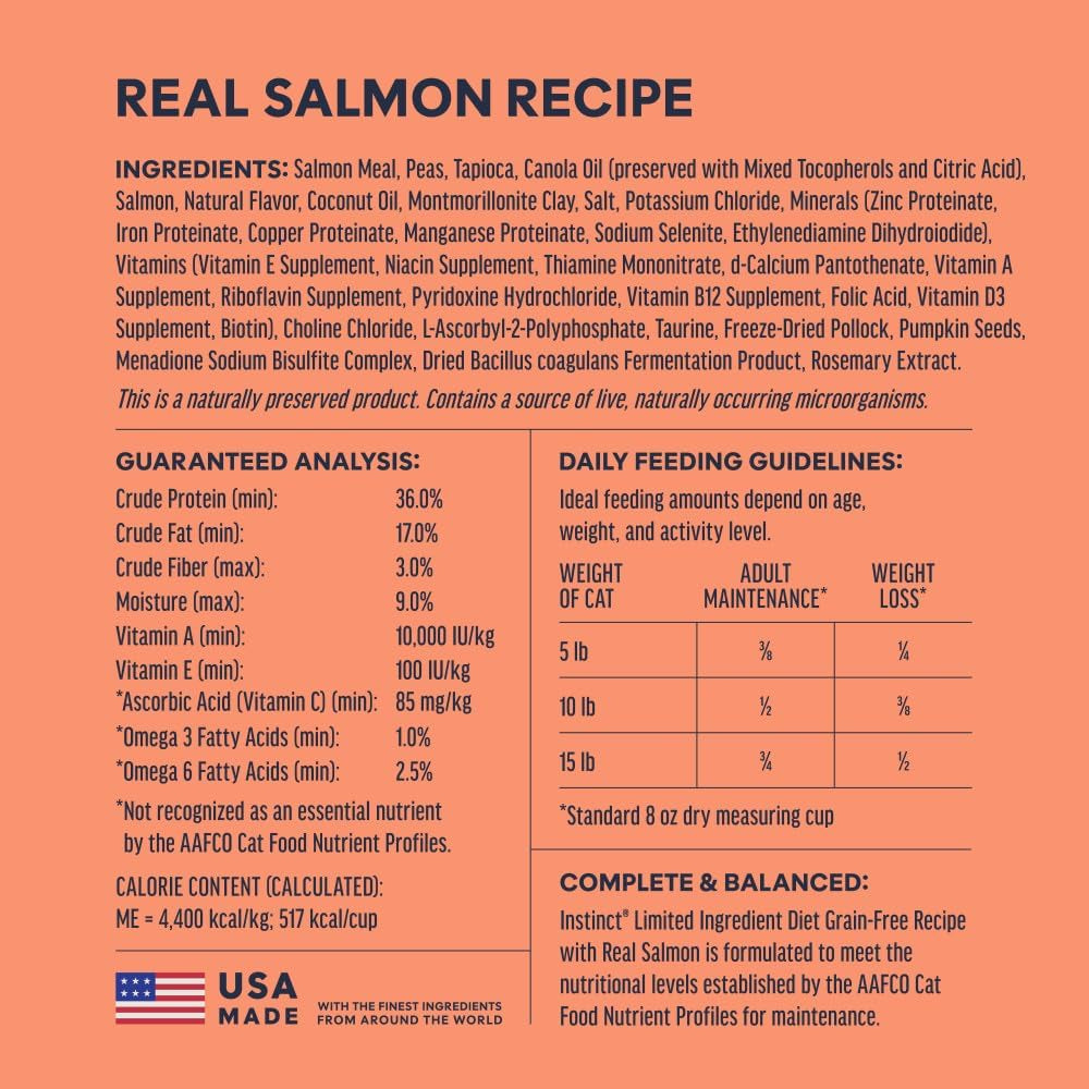 Instinct Limited Ingredient Salmon Dry Cat Food – 4.5 lb — manufacturer feeding guide and nutrition panel
