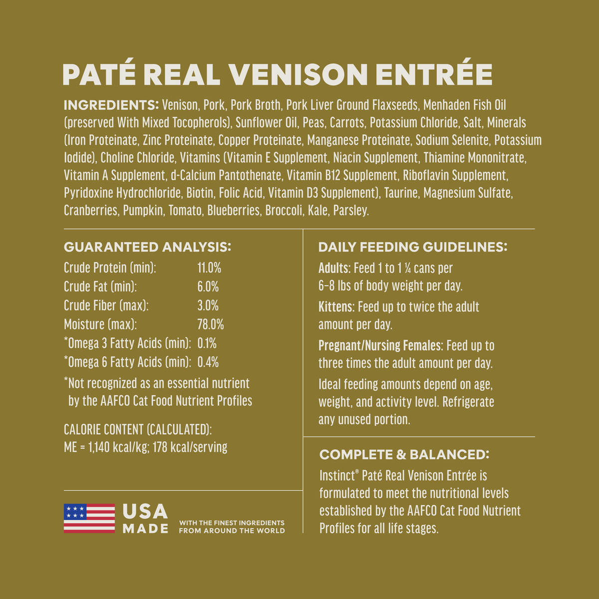 Instinct Venison pâté ingredient, nutrition and feeding label