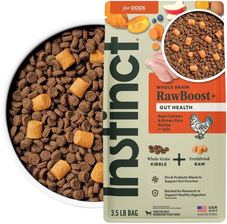 Instinct RawBoost Gut Chicken & Brown Rice Dog Food – 3.5 lb — packaging and food