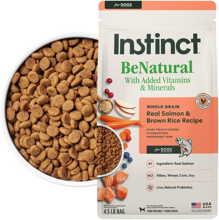 Instinct BeNatural Salmon & Brown Rice Dog Food – 4.5 lb — packaging and food