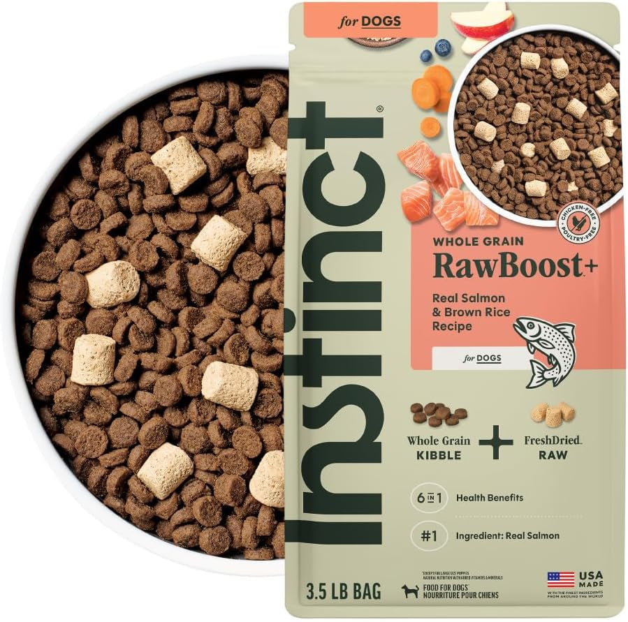 Instinct RawBoost Salmon & Brown Rice Dog Food – 3.5 lb — packaging and food