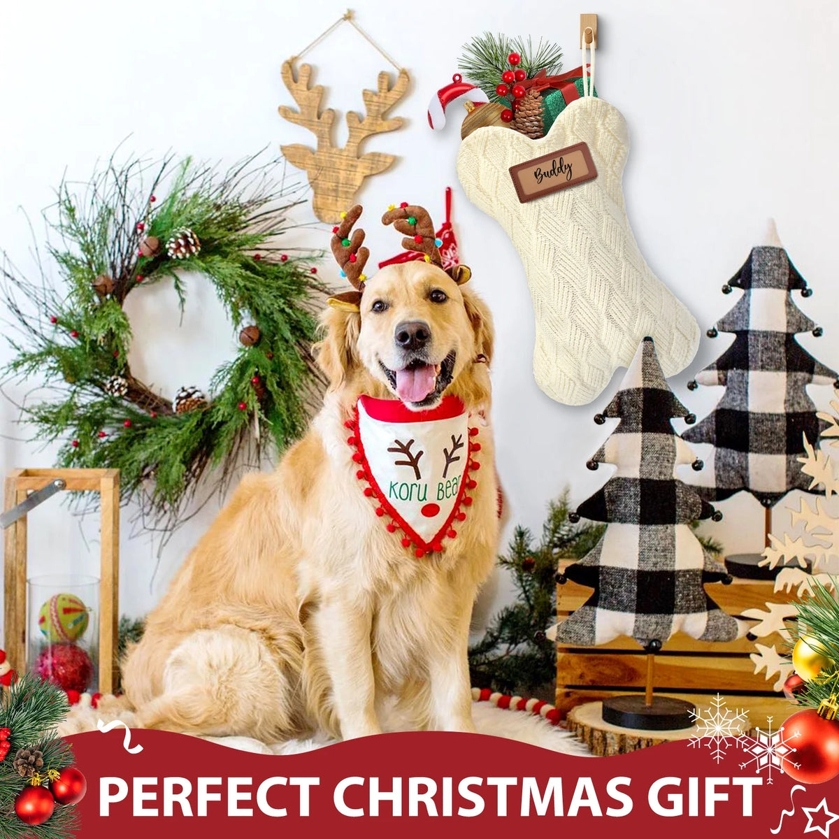 18 Inch Dog Christmas Stocking, Knit White Christmas Stocking for Dogs, Diamond Shape Dog Stocking Christmas Large Pet Stockings Hanging Dog Christmas Stocking