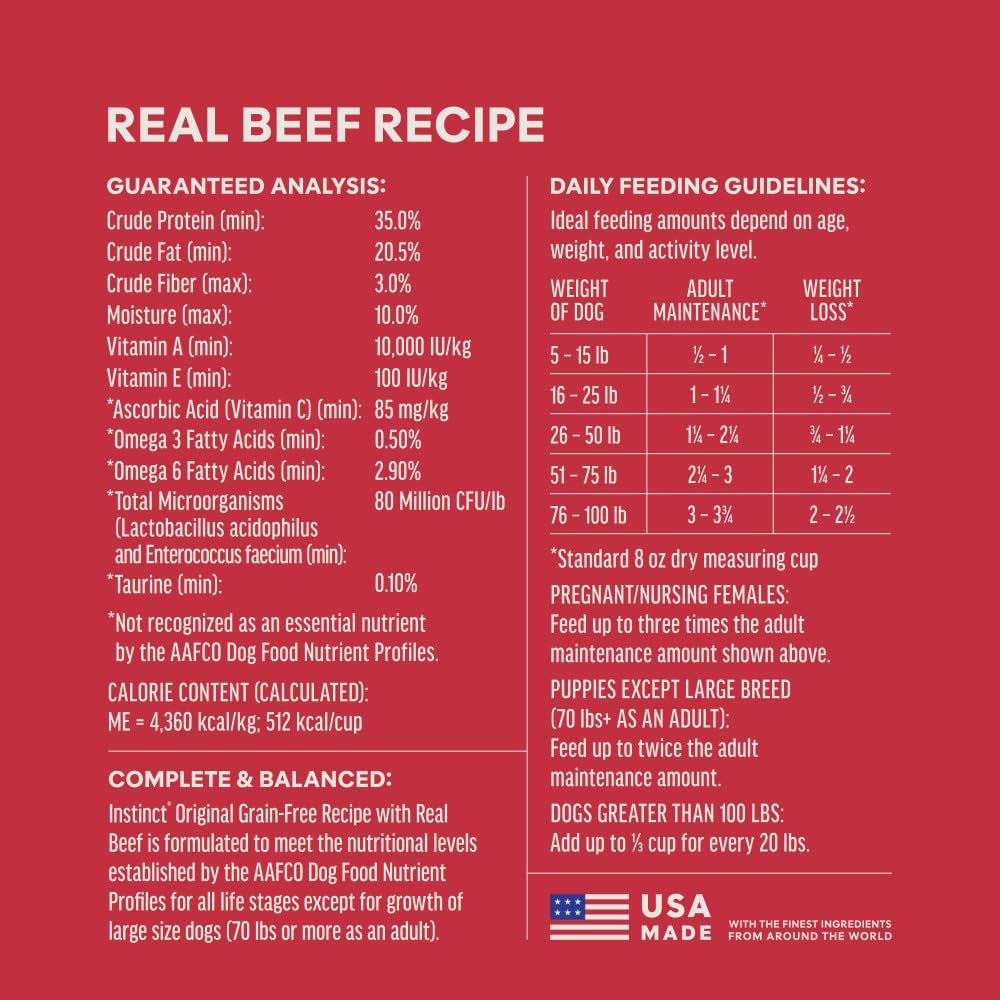 Instinct Original Beef Dry Dog Food – 20 lb — manufacturer feeding guide and nutrition panel