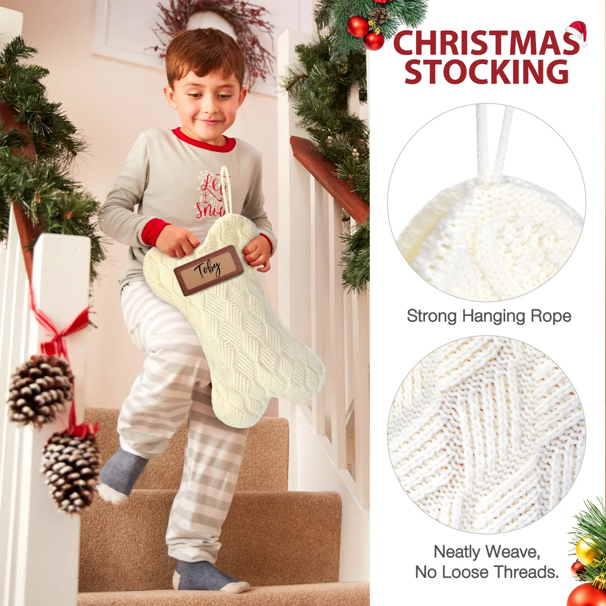 18 Inch Dog Christmas Stocking, Knit White Christmas Stocking for Dogs, Diamond Shape Dog Stocking Christmas Large Pet Stockings Hanging Dog Christmas Stocking
