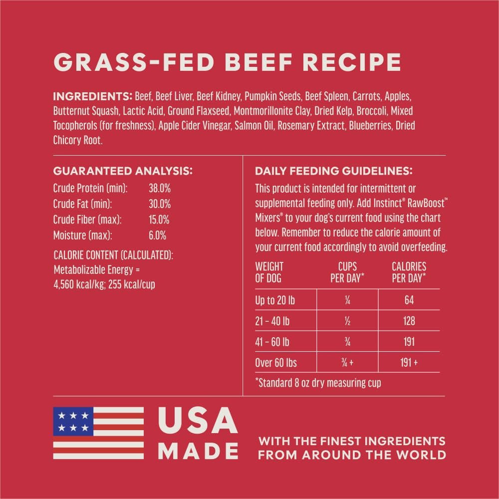 Instinct Beef Mixers Dog Topper – 14 oz — manufacturer feeding guide and nutrition panel