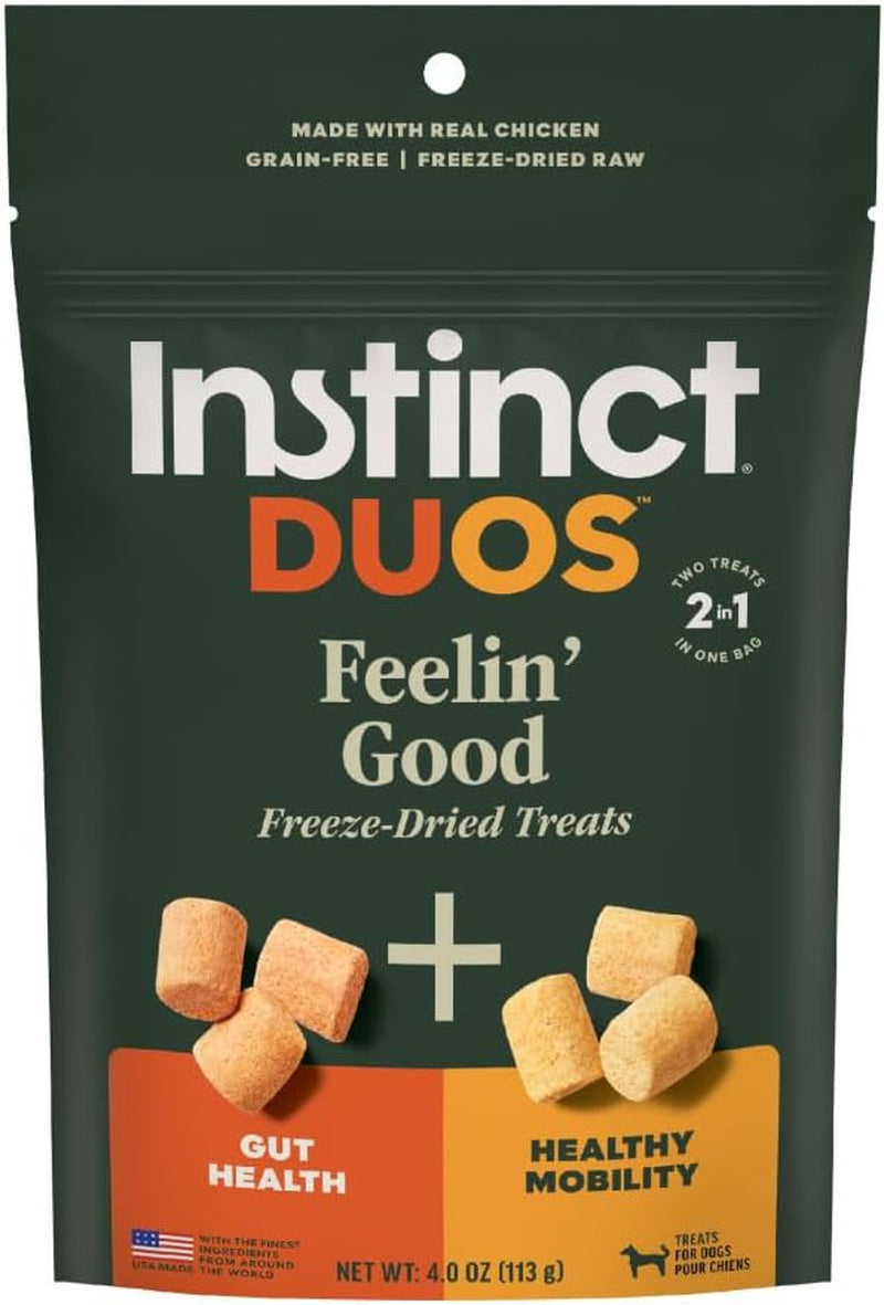 Instinct Duos Feelin’ Good Chicken Dog Treats – 4 oz — packaging and food