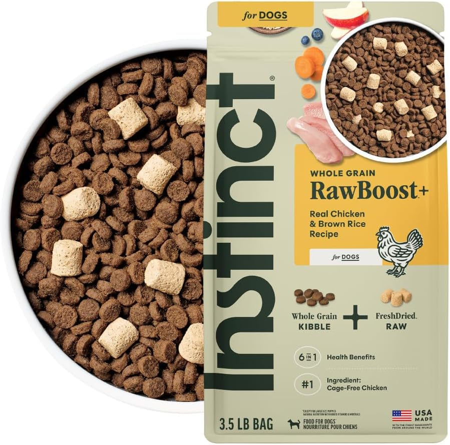 Instinct RawBoost Chicken & Brown Rice Dog Food – 3.5 lb — packaging and food