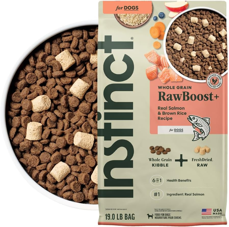 Instinct RawBoost Salmon & Brown Rice Dog Food – 19 lb — packaging and food