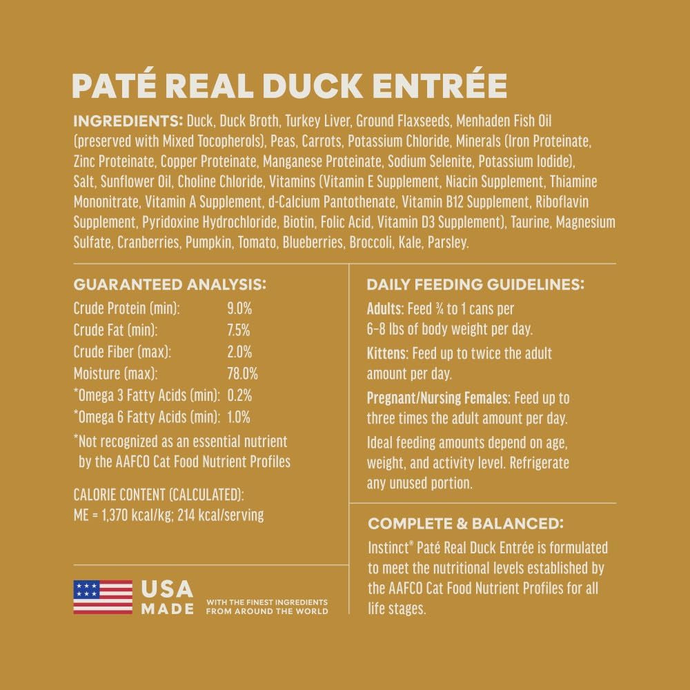 Instinct Duck Pâté Wet Cat Food – 12 × 5.5 oz — manufacturer feeding guide and nutrition panel