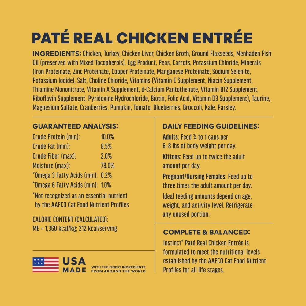 Instinct Original Chicken Pâté Cat Food – 12 × 5.5 oz — manufacturer feeding guide and nutrition panel