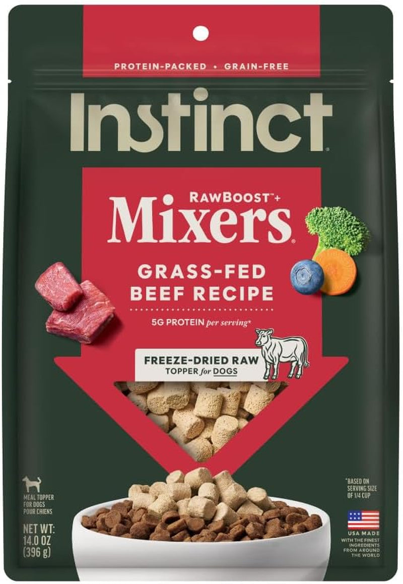 Instinct Beef Mixers Dog Topper – 14 oz — packaging and food