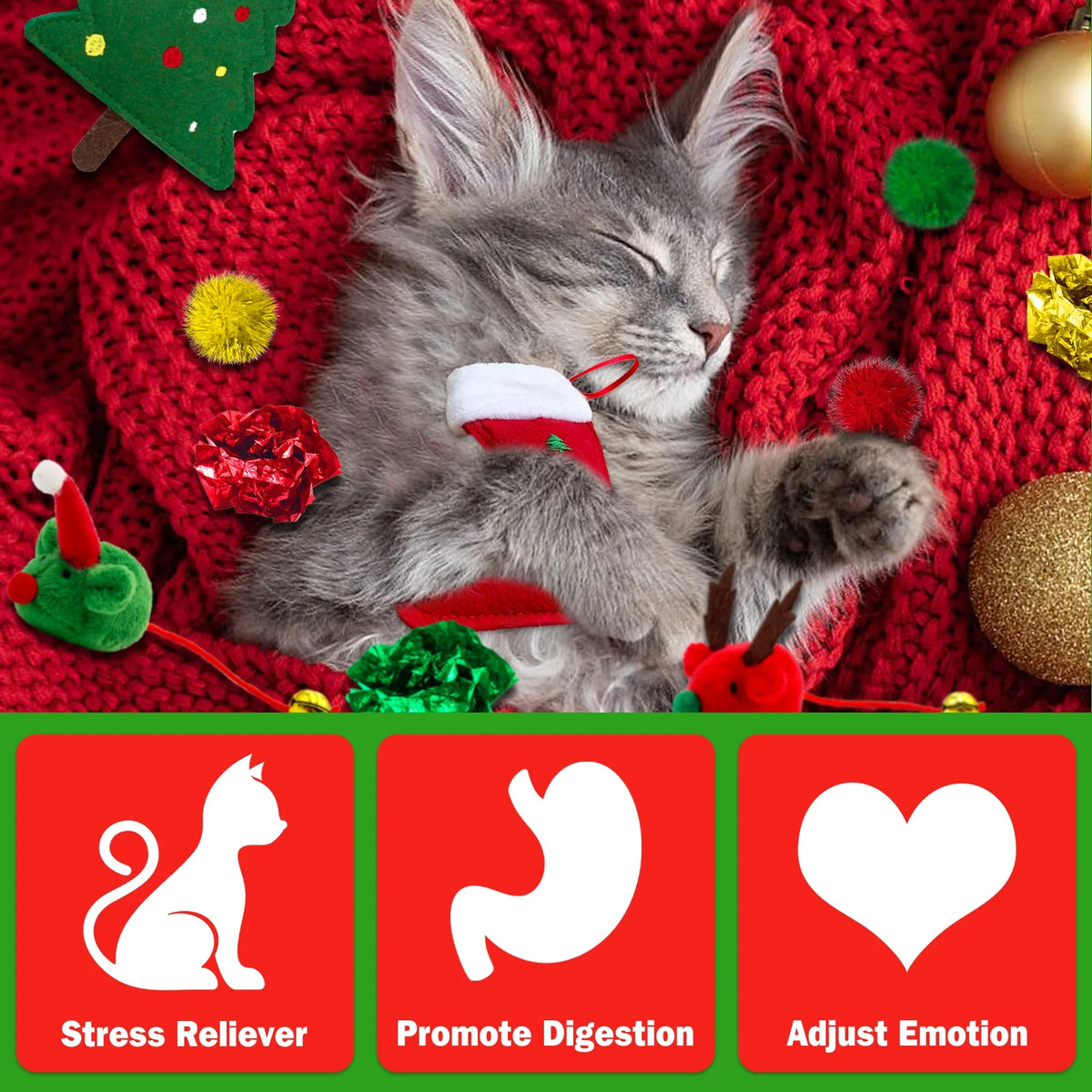 Christmas Cat Toy Stocking — 10-Piece Gift Set