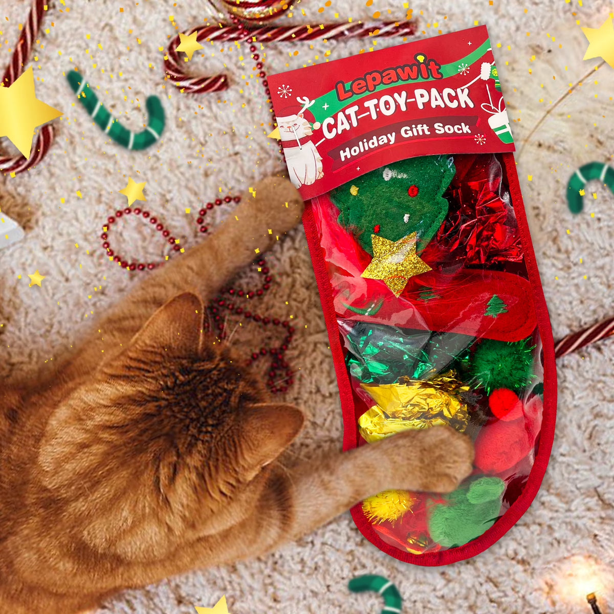 Christmas Cat Toy Stocking — 10-Piece Gift Set