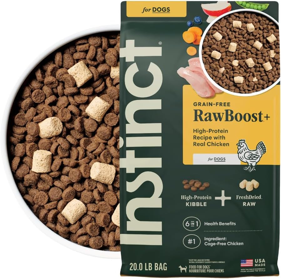 Instinct RawBoost Chicken Dog Food – 20 lb — packaging and food