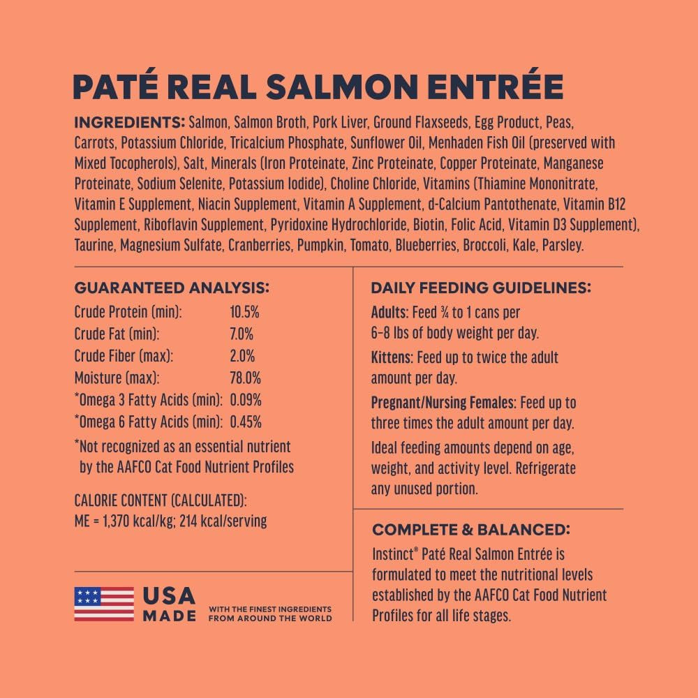 Instinct Original Salmon Pâté Cat Food – 12 × 5.5 oz — manufacturer feeding guide and nutrition panel