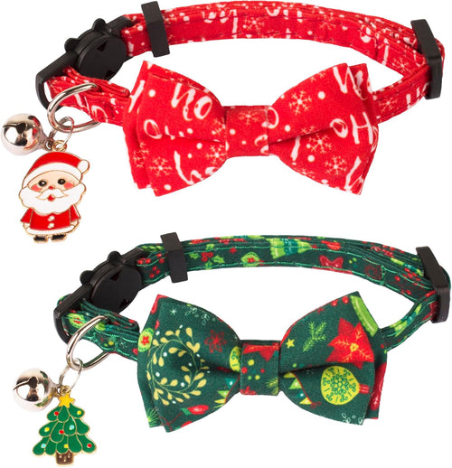 Christmas Cat Collar Breakaway with Bowtie Bell - 2 Pack Red Green Xmas Kitten Bow Collars Christmas Collars for Cat Kitten