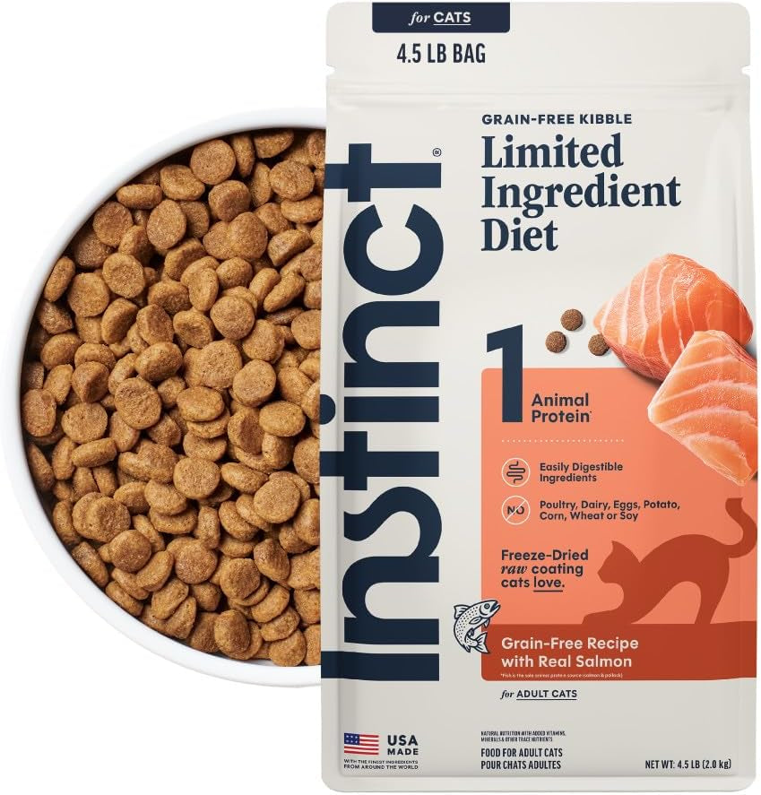 Instinct Limited Ingredient Salmon Dry Cat Food – 4.5 lb — packaging and food