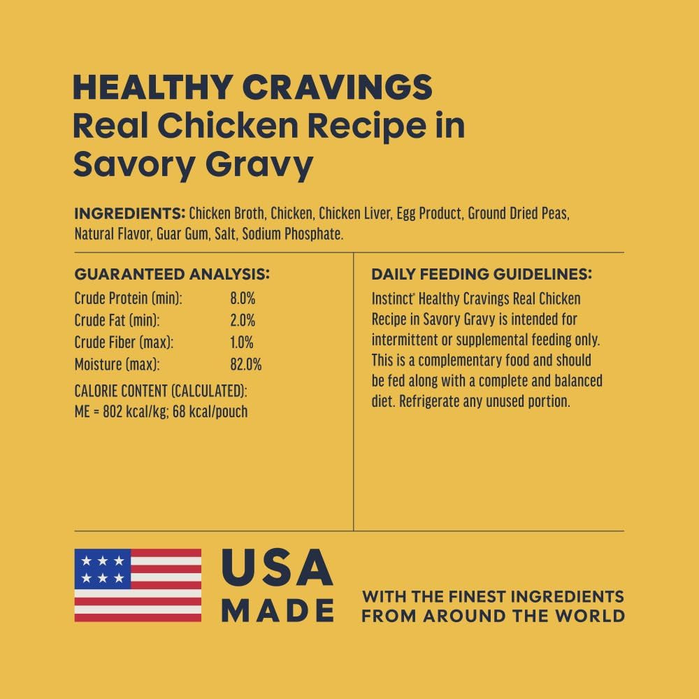 Instinct Healthy Cravings Chicken Cat Topper – 24 × 3 oz — manufacturer feeding guide and nutrition panel