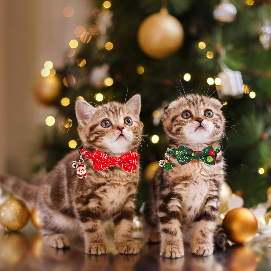 Christmas Cat Collar Breakaway with Bowtie Bell - 2 Pack Red Green Xmas Kitten Bow Collars Christmas Collars for Cat Kitten