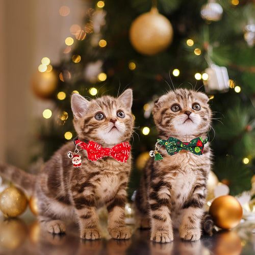 Christmas Cat Collar Breakaway with Bowtie Bell - 2 Pack Red Green Xmas Kitten Bow Collars Christmas Collars for Cat Kitten
