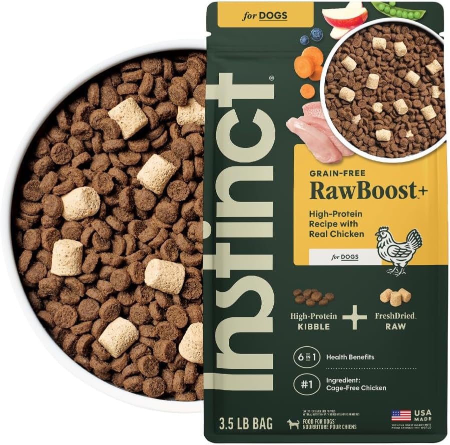 Instinct RawBoost Chicken Dog Food – 3.5 lb — packaging and food