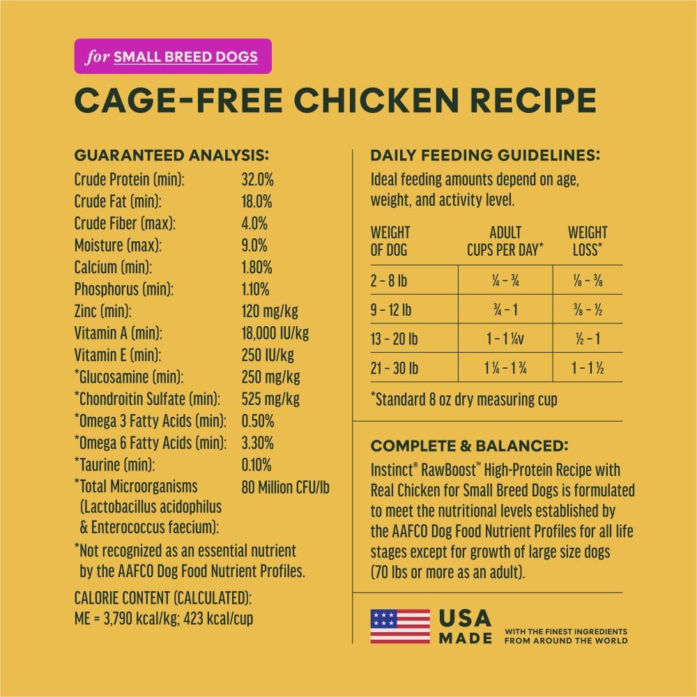 Instinct RawBoost Small Breed Chicken Dog Food – 10 lb — manufacturer feeding guide and nutrition panel