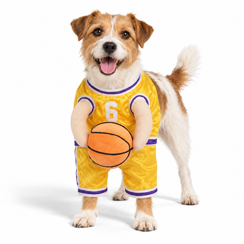 Pet wearing basketball costume on white — AI styled from actual product references