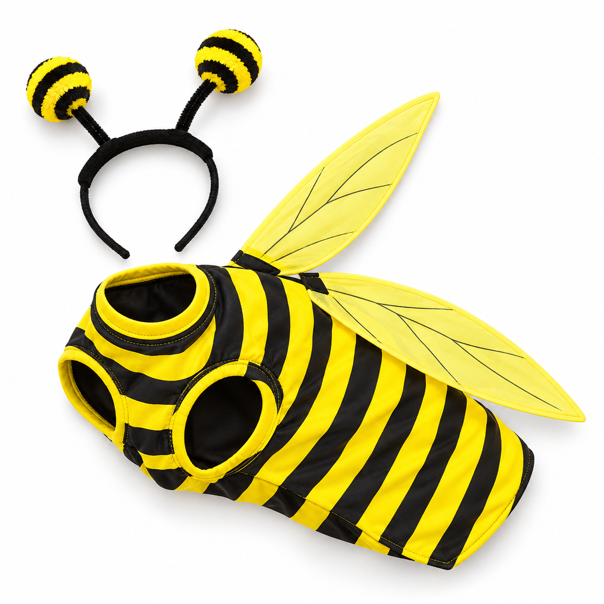 Yellow and black bee costume with yellow nylon wings and striped antenna headband on white — AI styled from actual product references