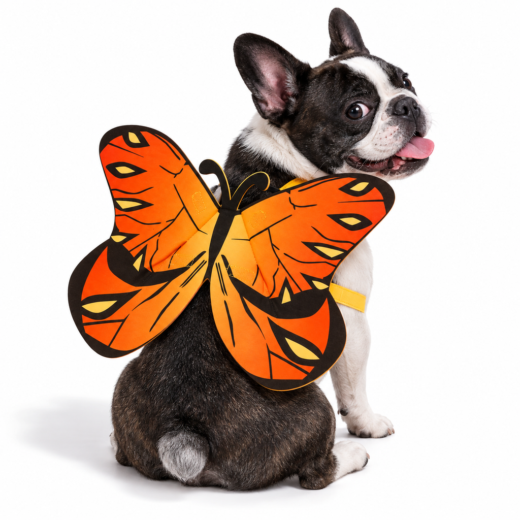 Pet wearing butterfly costume on white — AI styled from actual product references
