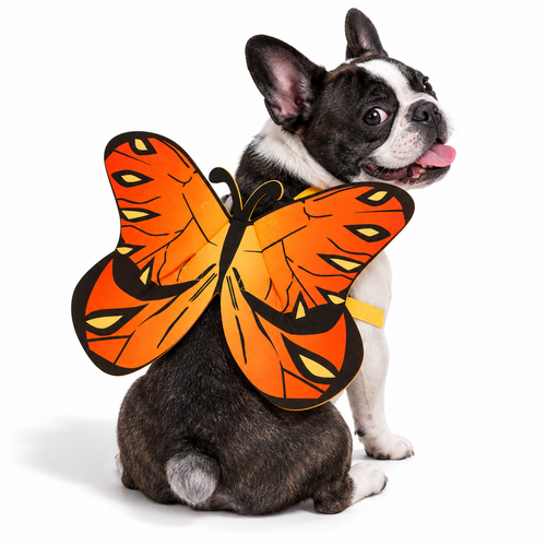 Pet wearing butterfly costume on white — AI styled from actual product references