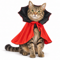 Pet wearing cape costume on white — AI styled from actual product references