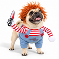 Pet wearing comical costume on white — AI styled from actual product references