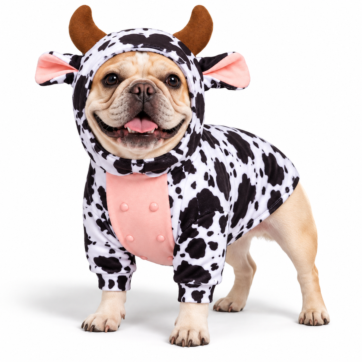 cow costume on a pet on white — AI styled from actual product references