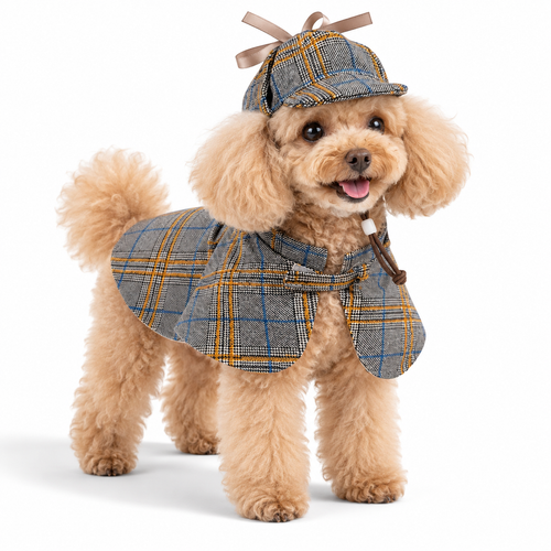 Pet wearing detective costume on white — AI styled from actual product references