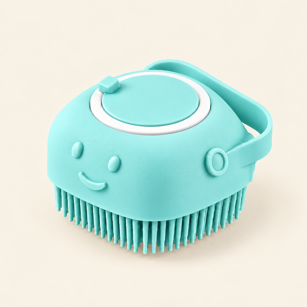 SplashPaw Bath Brush — Square Blue, product photo on warm cream