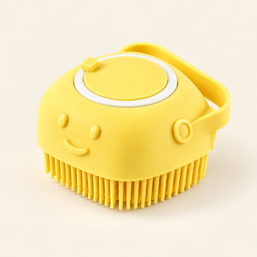 SplashPaw Bath Brush — Square Yellow, product photo on warm cream