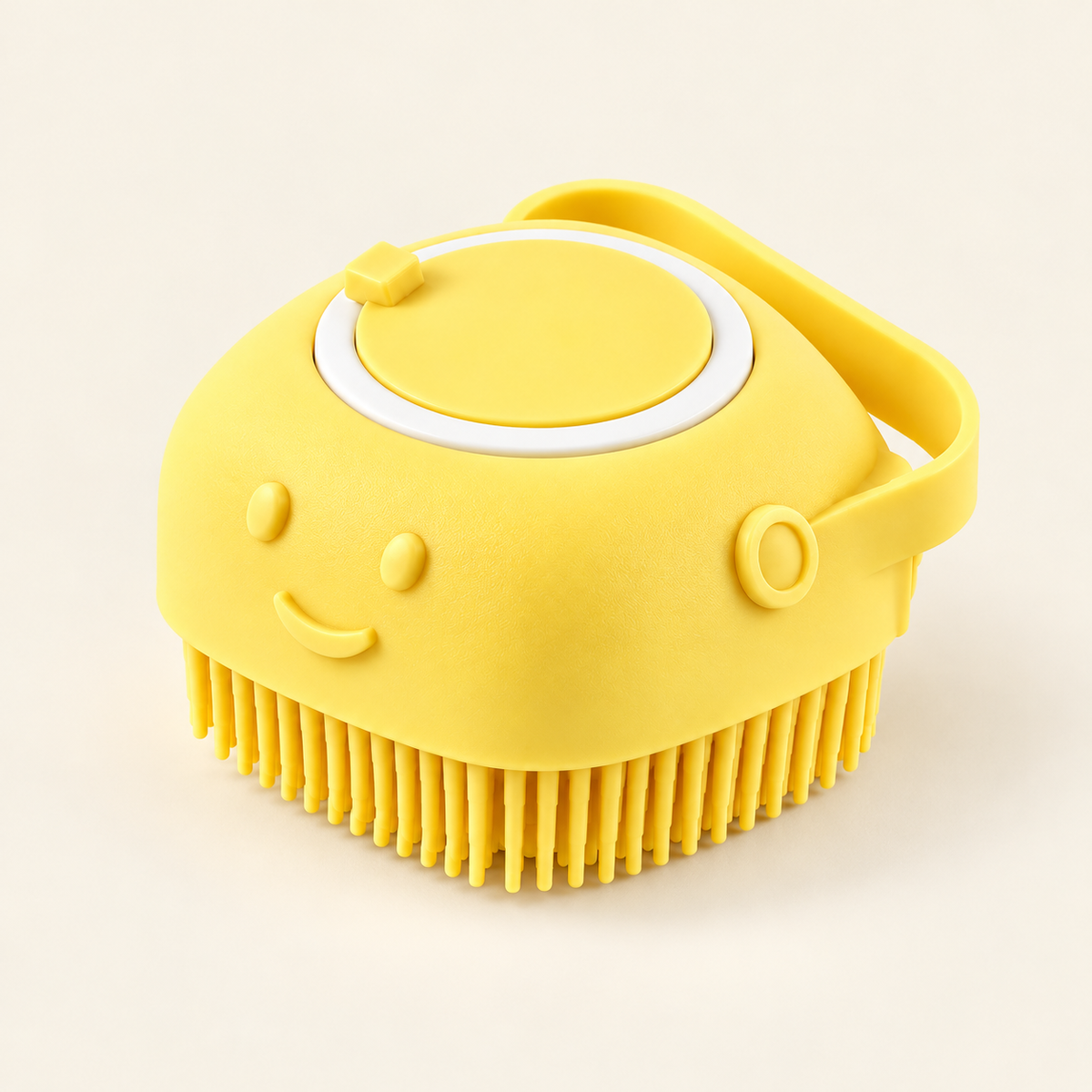 SplashPaw Bath Brush — Square Yellow, product photo on warm cream