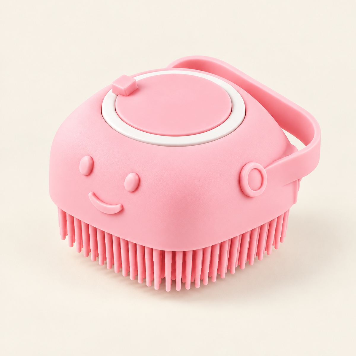 SplashPaw Bath Brush — Square Pink, product photo on warm cream