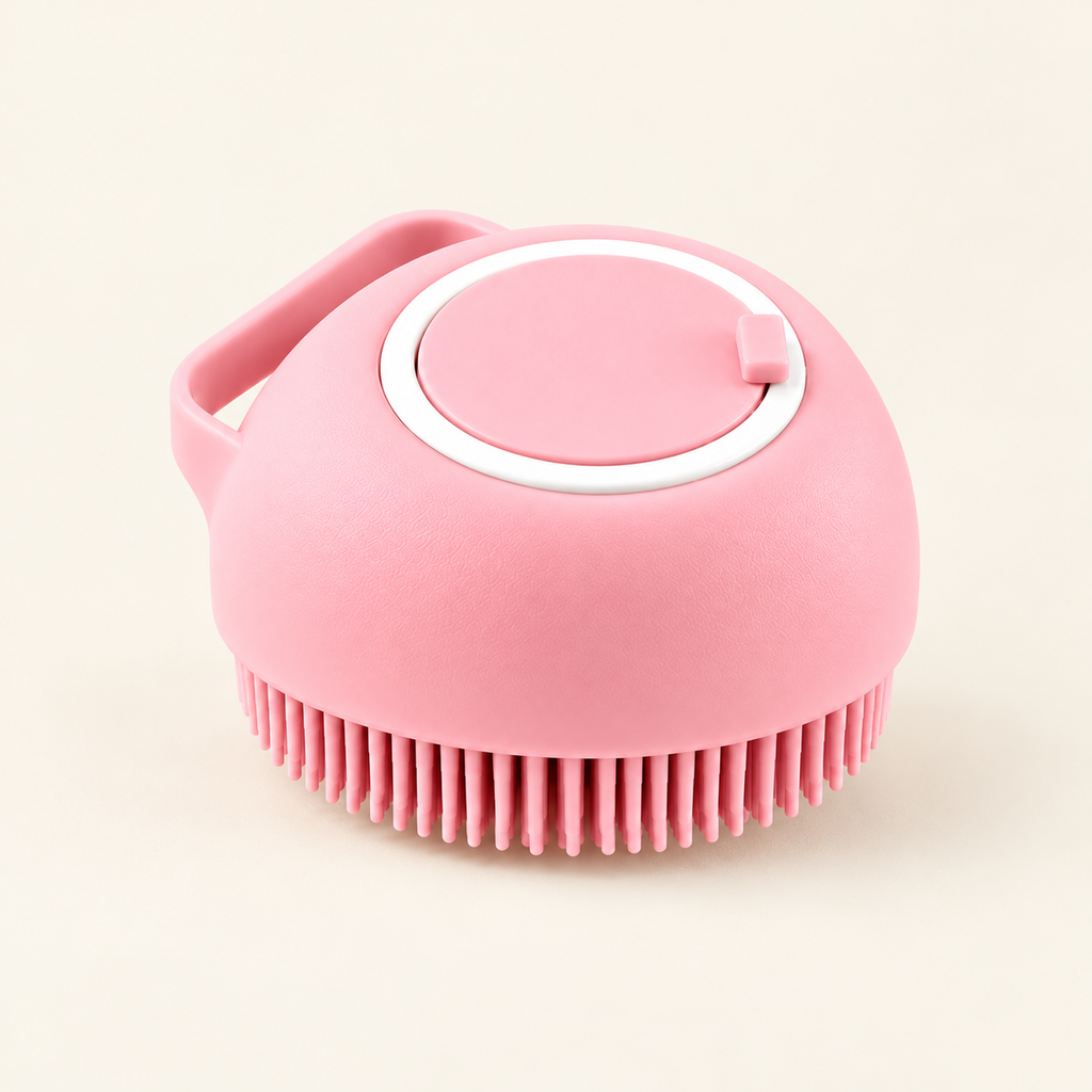 SplashPaw Bath Brush — Heart-Shaped Pink, product photo on warm cream