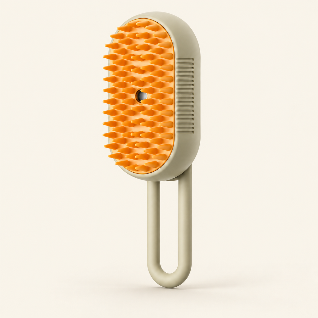 Misting Grooming Brush — Coffee Handle, product photo on warm cream