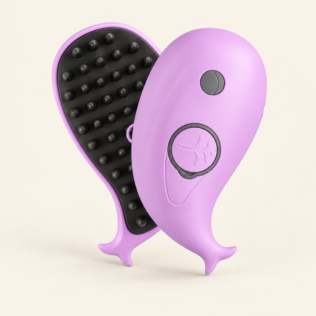 Misting Grooming Brush — Purple Whale, product photo on warm cream