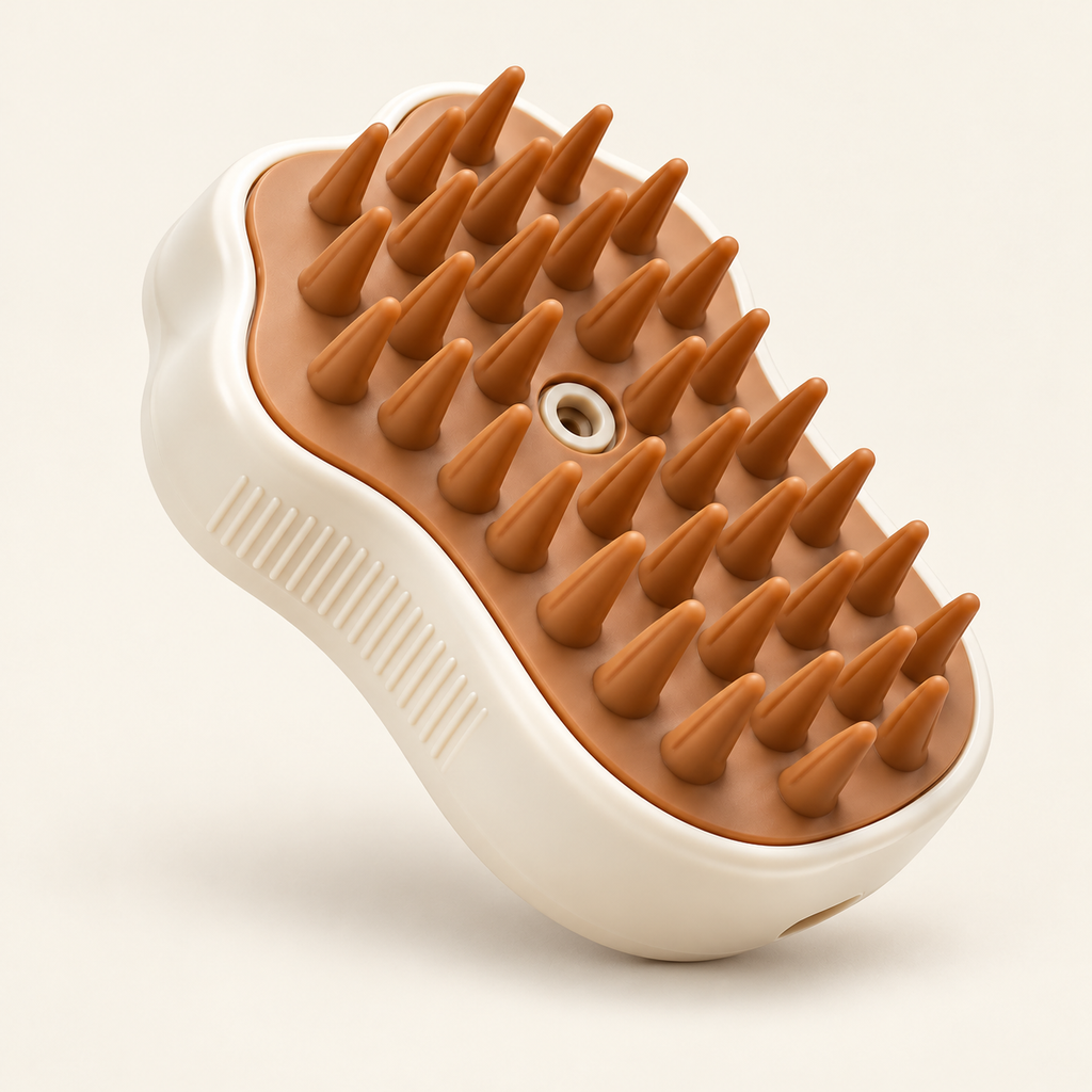 Misting Grooming Brush — Brown Paw, product photo on warm cream