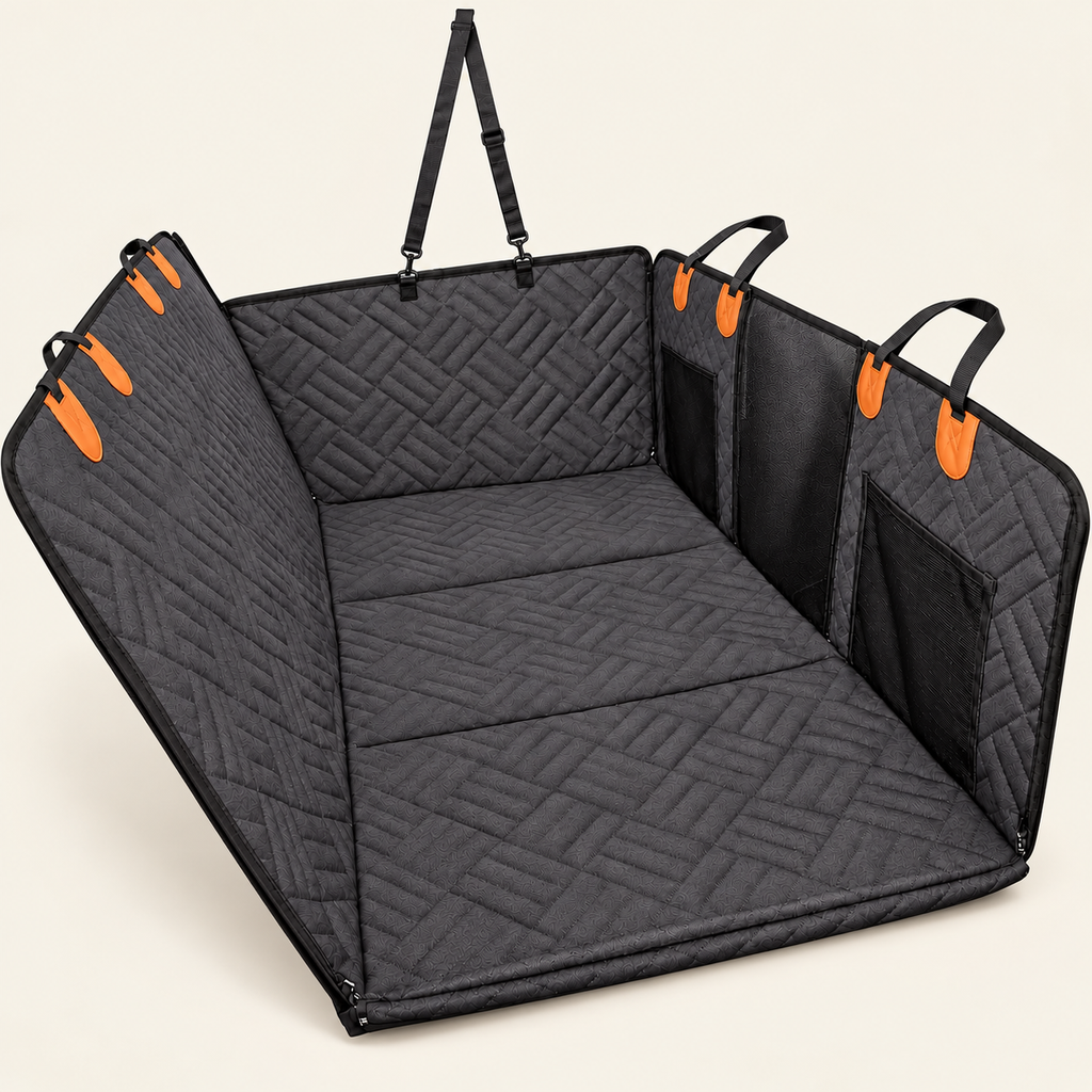 Dog Car Seat Cover — Black, product photo on warm cream
